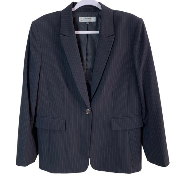 Tahari ASL Size 16 Single Brasted Pinstripe Blazer Jacket Black White Career - Picture 1 of 7
